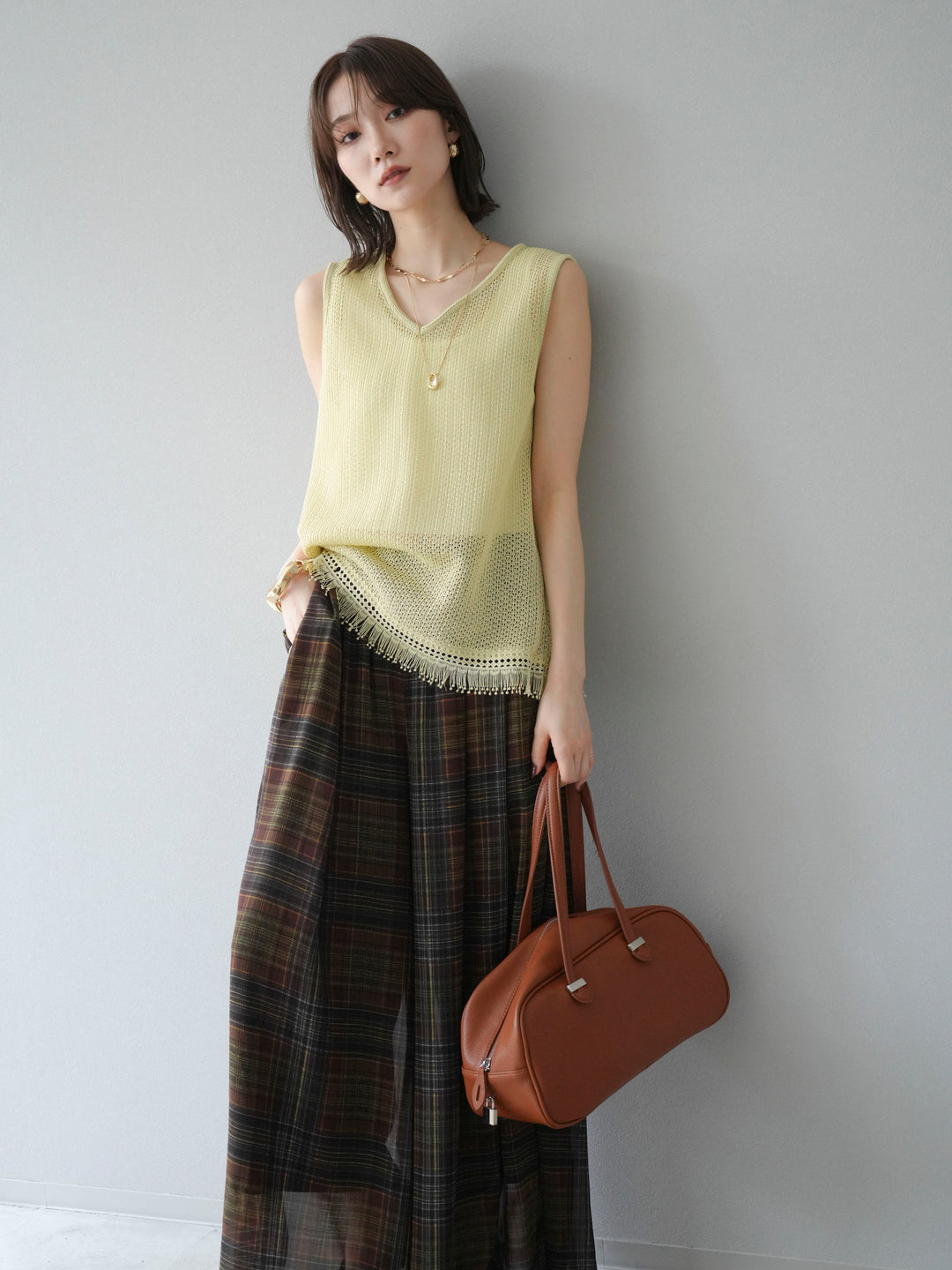 [予約]裾フリンジVネックニットタンクトップアンサンブル/イエロー