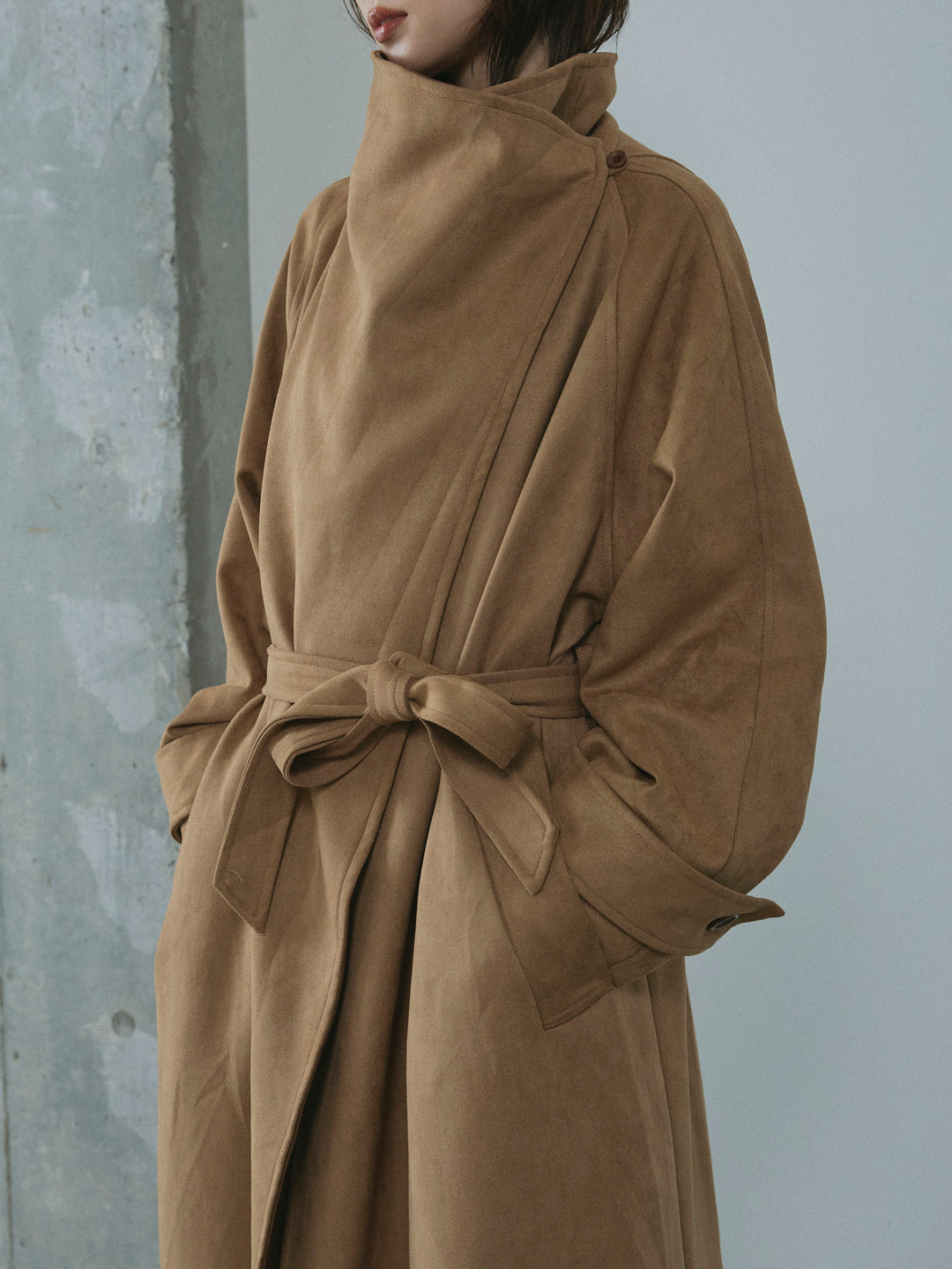 【Allure】[SET]レザーカラースウェードロングコート+サイドタックワイドパンツ(2set)