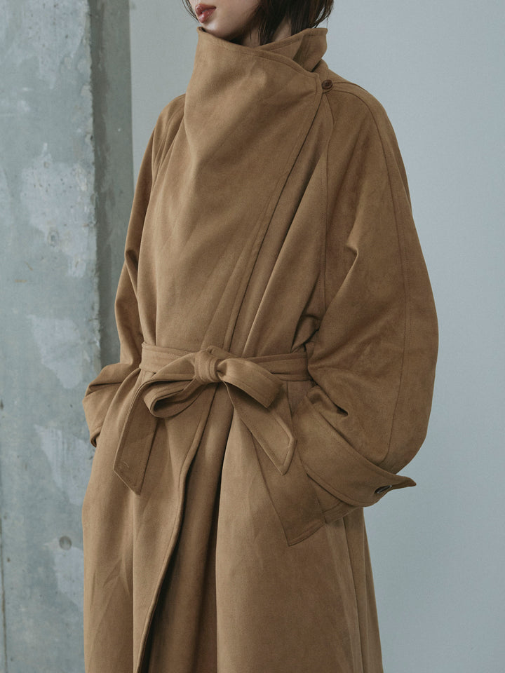 【Allure】[SET]レザーカラースウェードロングコート+サイドタックワイドパンツ(2set)