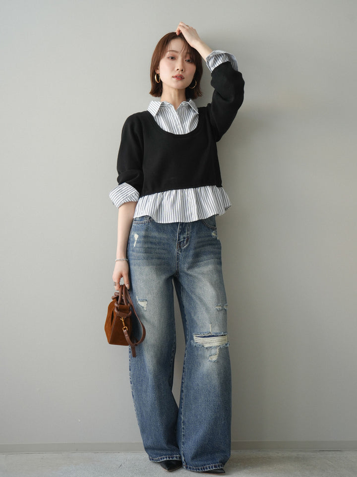 [予約]ダメージデニムセミワイドパンツ/blue
