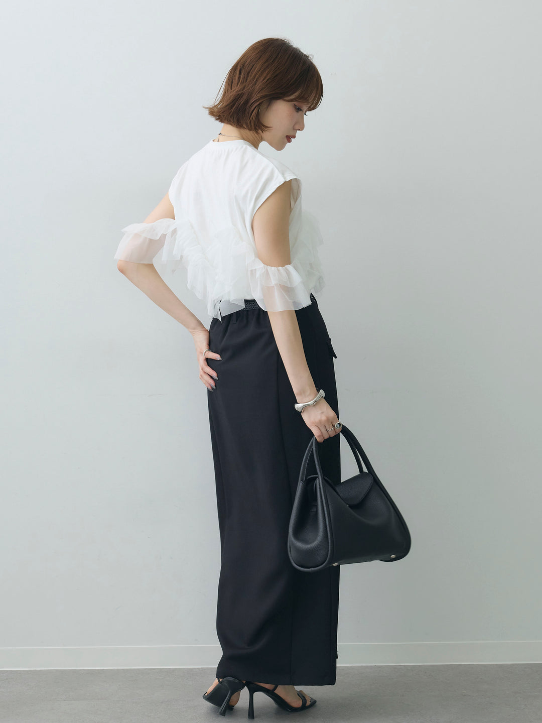 [SET]マルチwayフリルフレンチTEE+クレープデシンフラップ付きストレートスカート(2set)