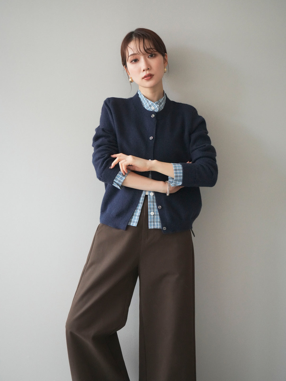 [予約]チェックシャツレイヤードデザインニットカーディガン/navy