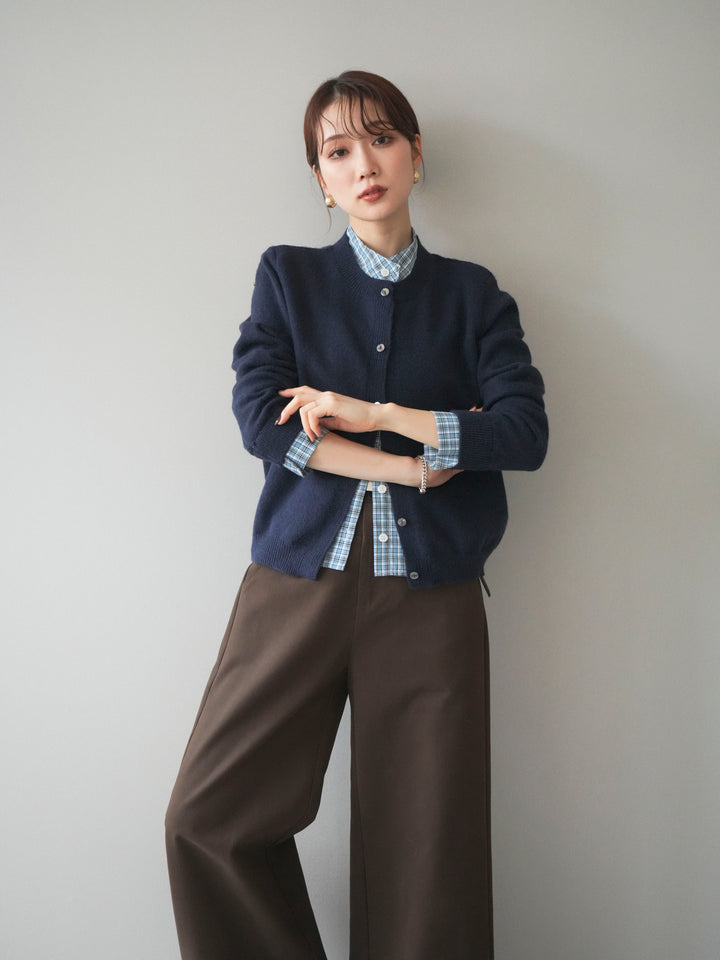 [予約]チェックシャツレイヤードデザインニットカーディガン/navy