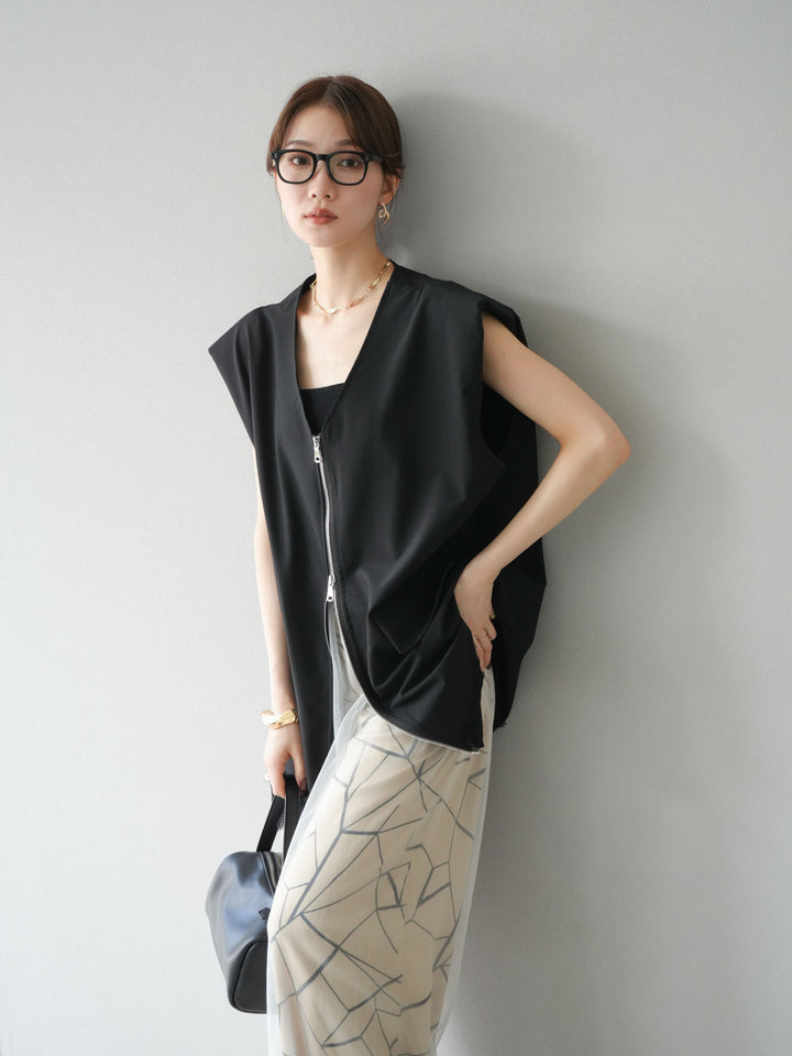 [預購] 雙拉鍊蕾絲下擺背心/黑色