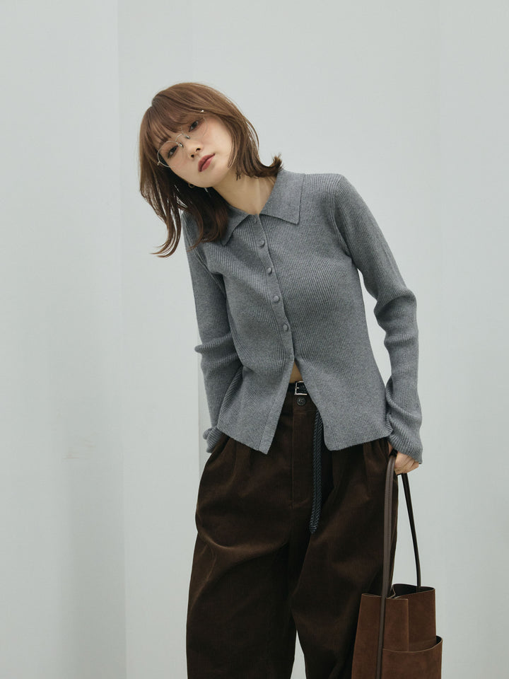 【Allure】[SET]くるみボタンポロリブニットトップス+コーデュロイタックワイドパンツ(2set)