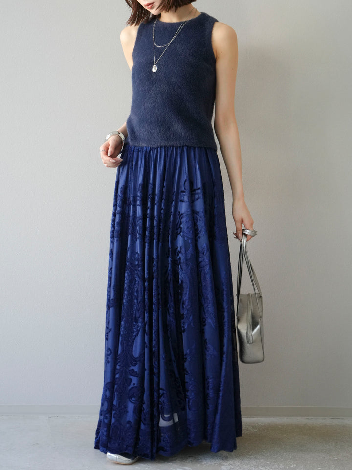 [予約]アンティーク柄フロッキーマキシスカート/ブルー