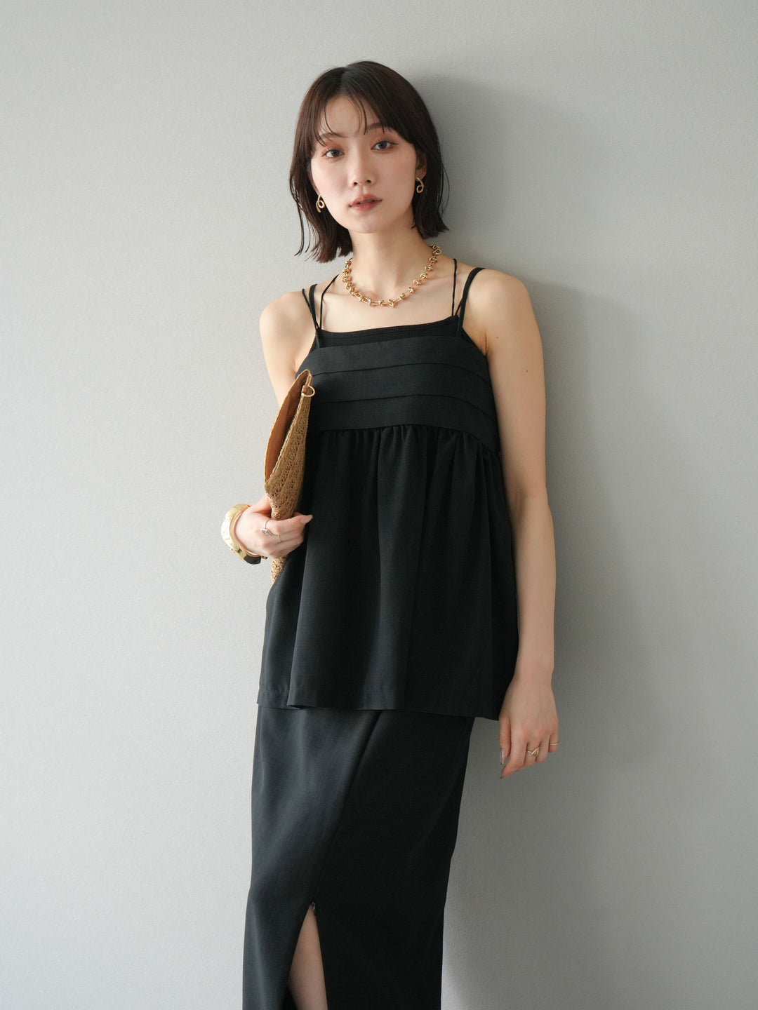 [予約]リネンライクビスチェデザインキャミソール/ブラック