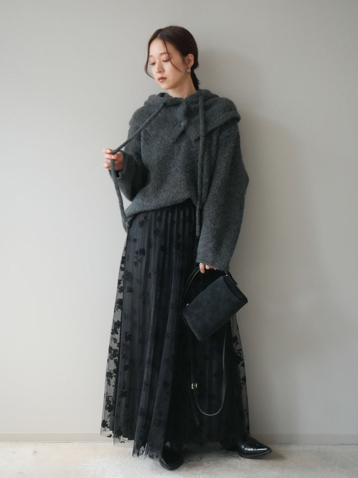 [SET]バラクラバSETニットプルオーバー+フラワーフロッキーチュールプリーツスカート(2set)