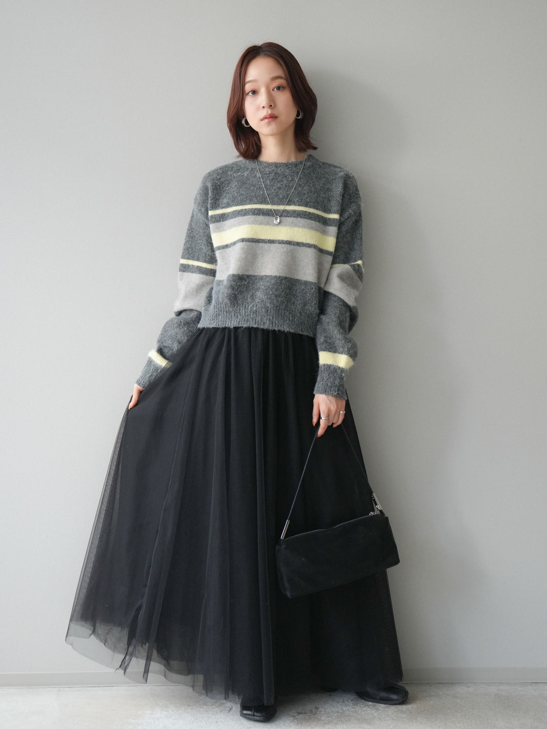[SET]ソフトタッチボーダークロップドニットプルオーバー+チュールボリュームスカート(2set)