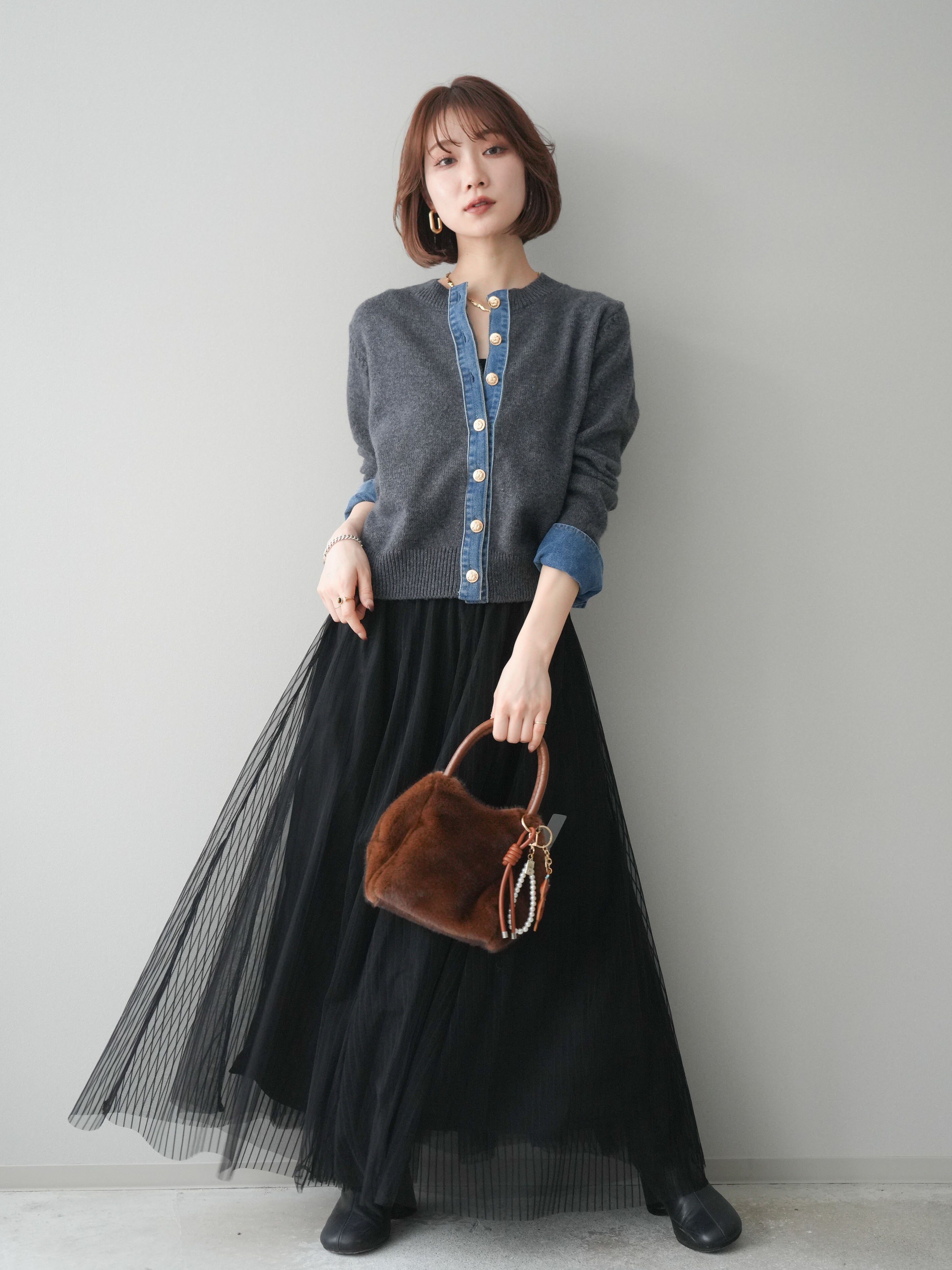 予約]チュールストライプボリュームスカート/black – Lumier