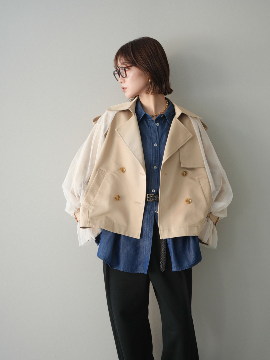 【預購】薄紗層疊蓬鬆袖短風衣/米色