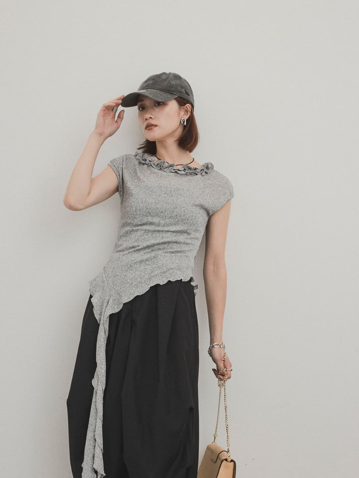 [套裝] 荷葉邊透視針織背心 + 設計環側褶褲 (2 套)