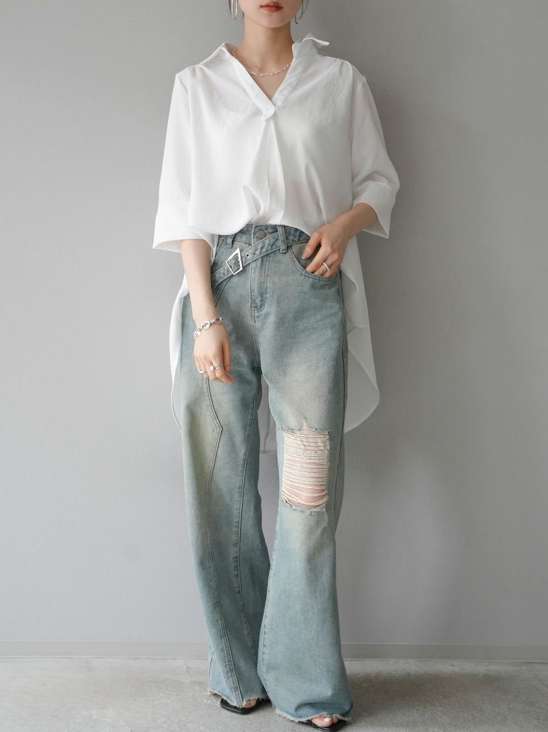 [Pre-order] Linen-touch half-sleeve skipper shirt/white