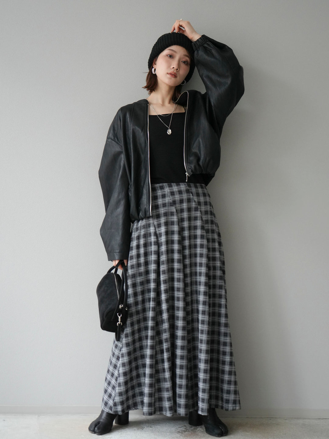 [予約]チェックタックフレアロングスカート/ ブラック