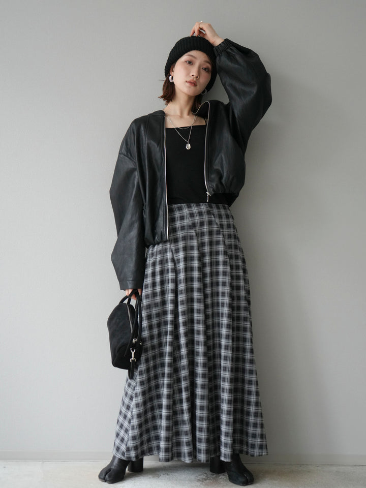 [予約]チェックタックフレアロングスカート/ ブラック