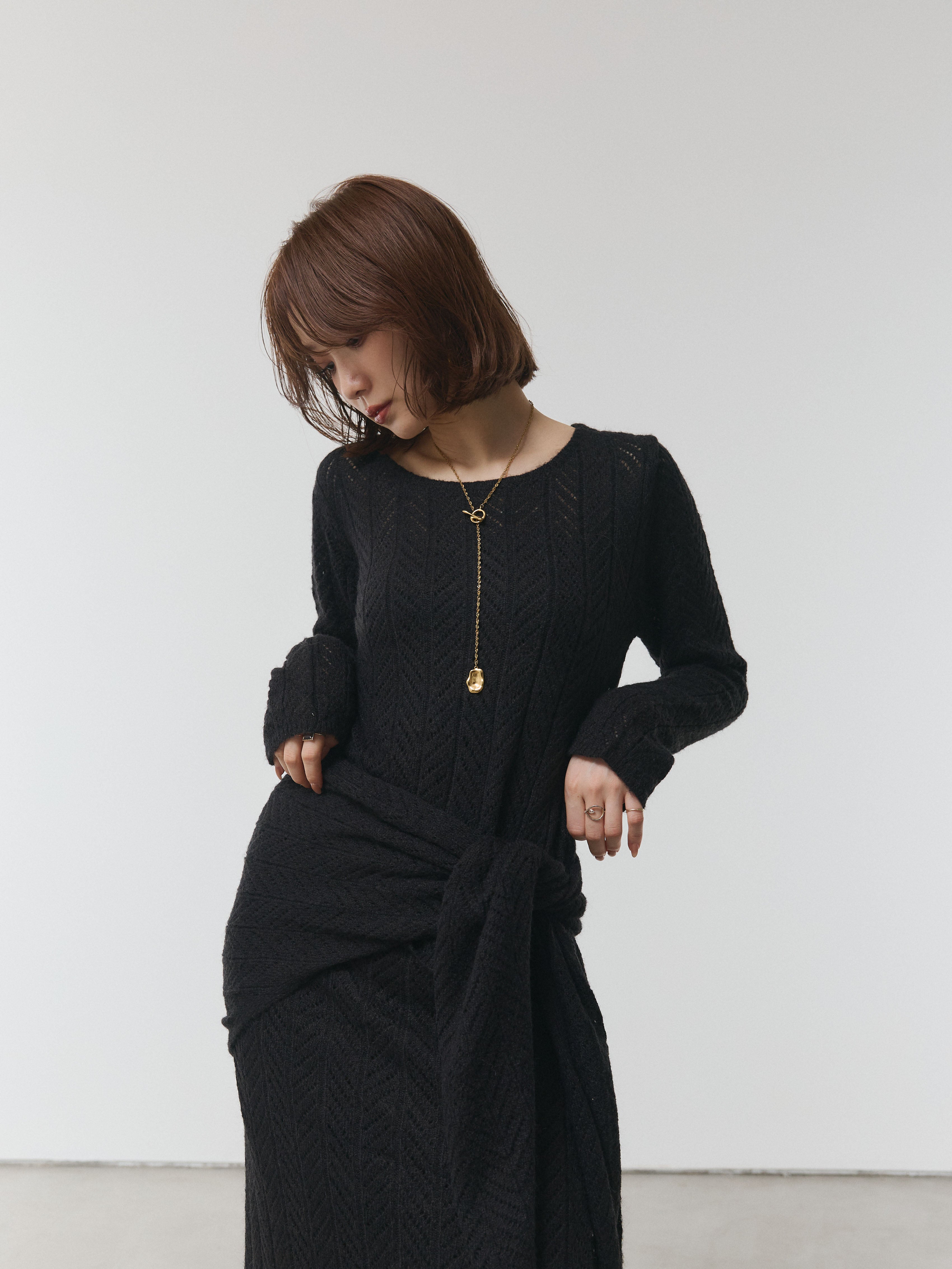 Allure】[SET]透かし編みニットトップス＆スカート3SET+透かし