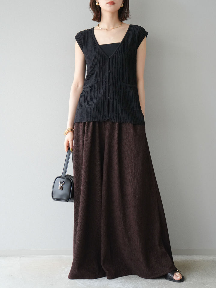 [SET] 波浪夏季針織背心+柳葉寬腿褲（2件套）