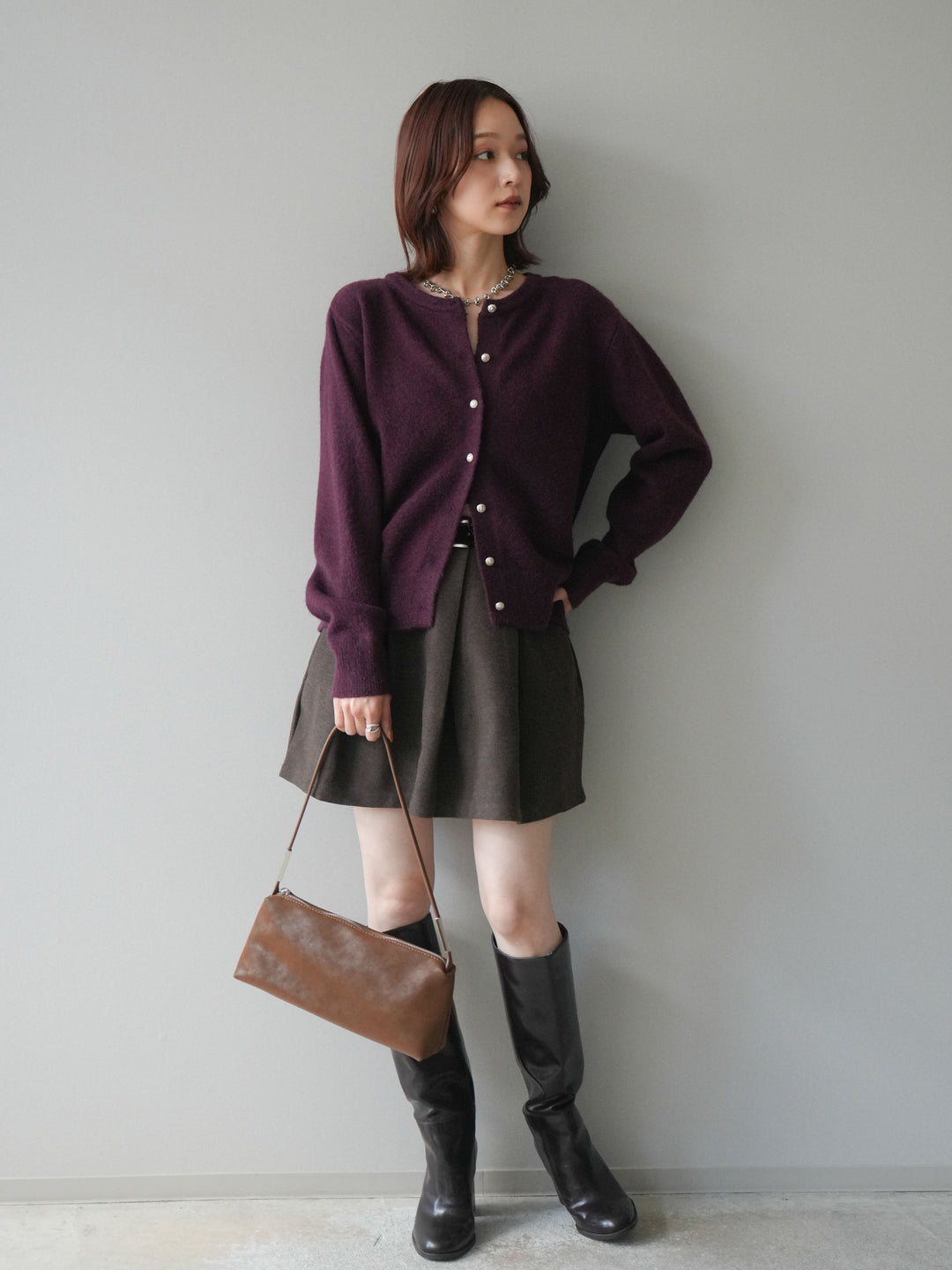 [SET]アンティークボタンニットカーディガン+ベルト付きタックミニスカート(2set)
