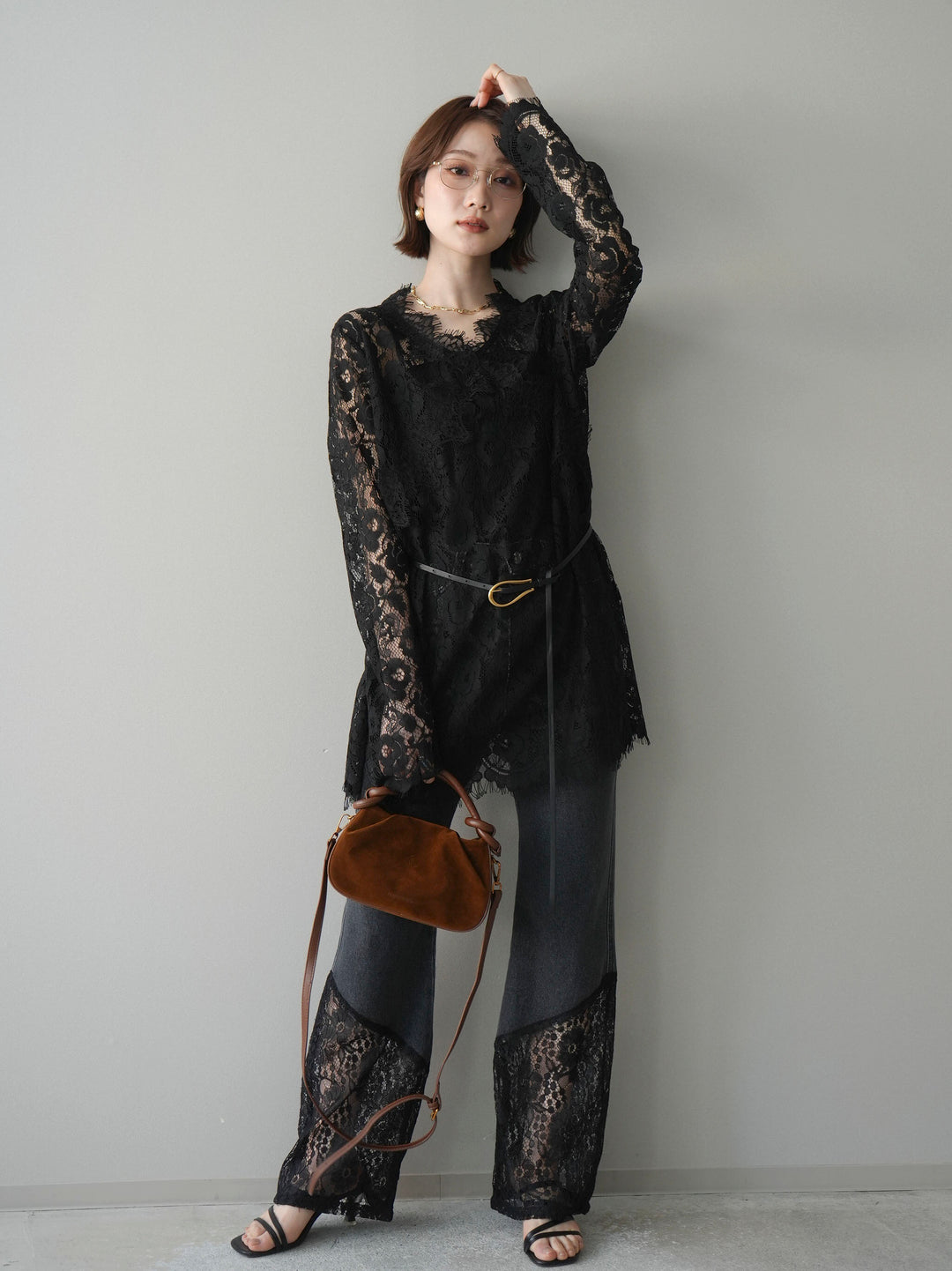 [予約]レース切替フレアデニムパンツ/black