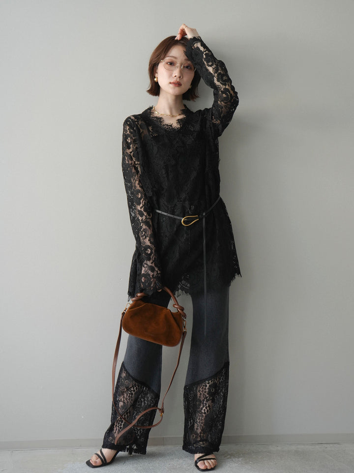 [予約]レース切替フレアデニムパンツ/black