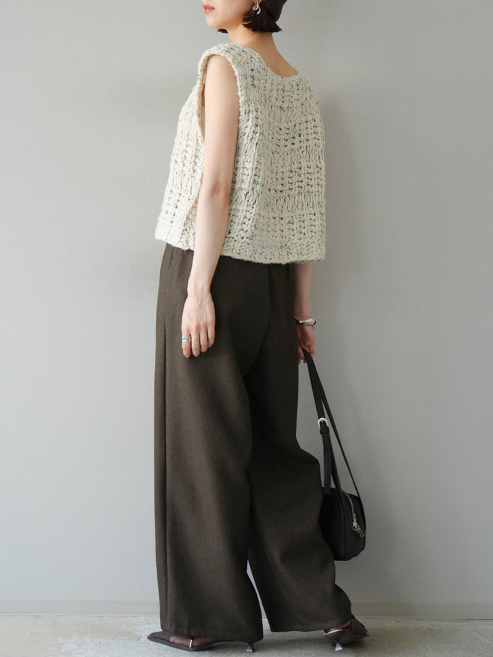 [予約]レザーパイピングタックワイドパンツ/ブラウン