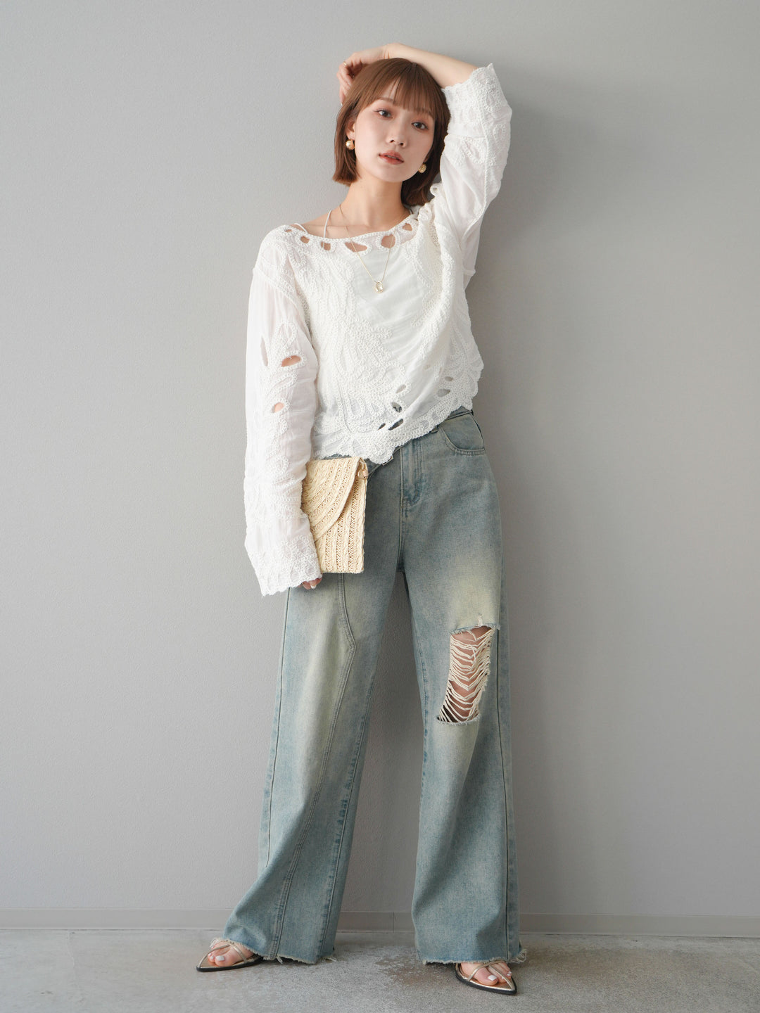 [予約]かぎ編みデザインブラウス/オフホワイト