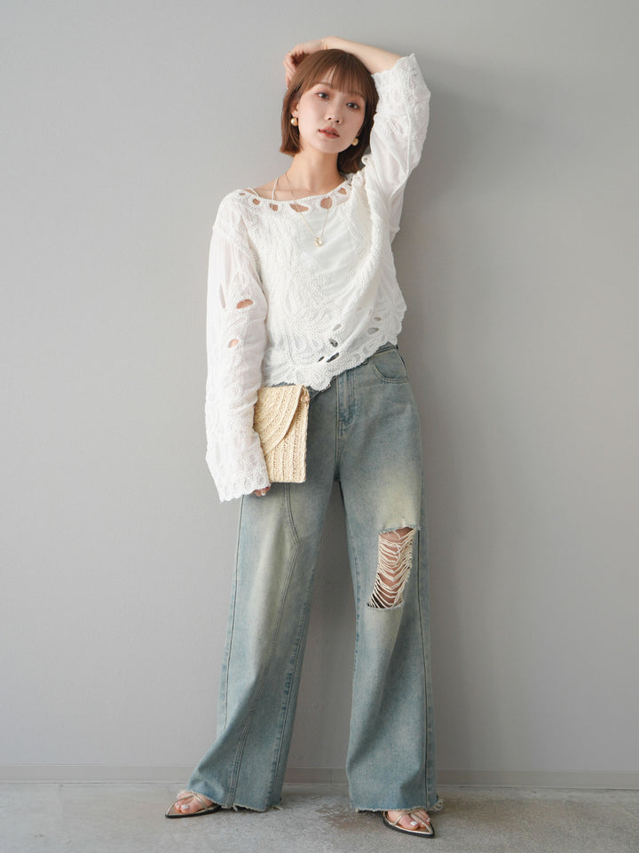 [予約]かぎ編みデザインブラウス/オフホワイト