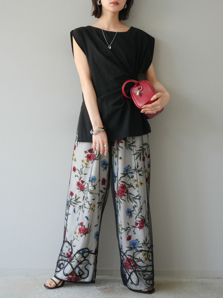 [SET] 側扭法式上衣+植物圖案休閒褲+繩繡薄紗疊穿褲（3件套裝）