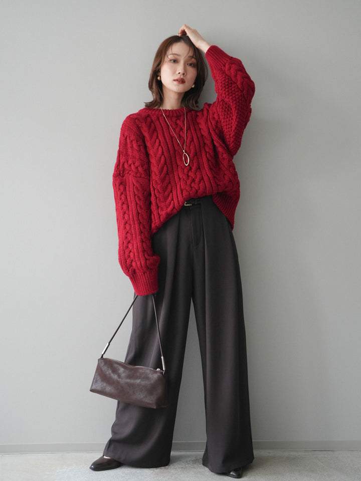 [SET]ボリュームケーブルニットプルオーバー+ベルトループデザインワイドパンツ(2set)