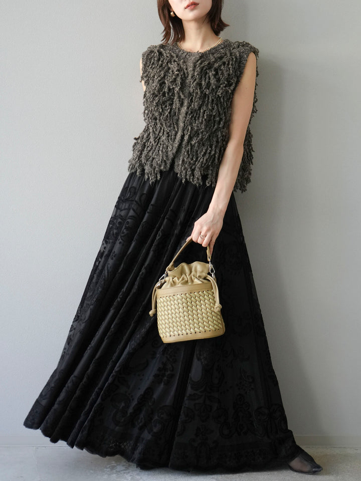 [予約]アンティーク柄フロッキーマキシスカート/ブラック