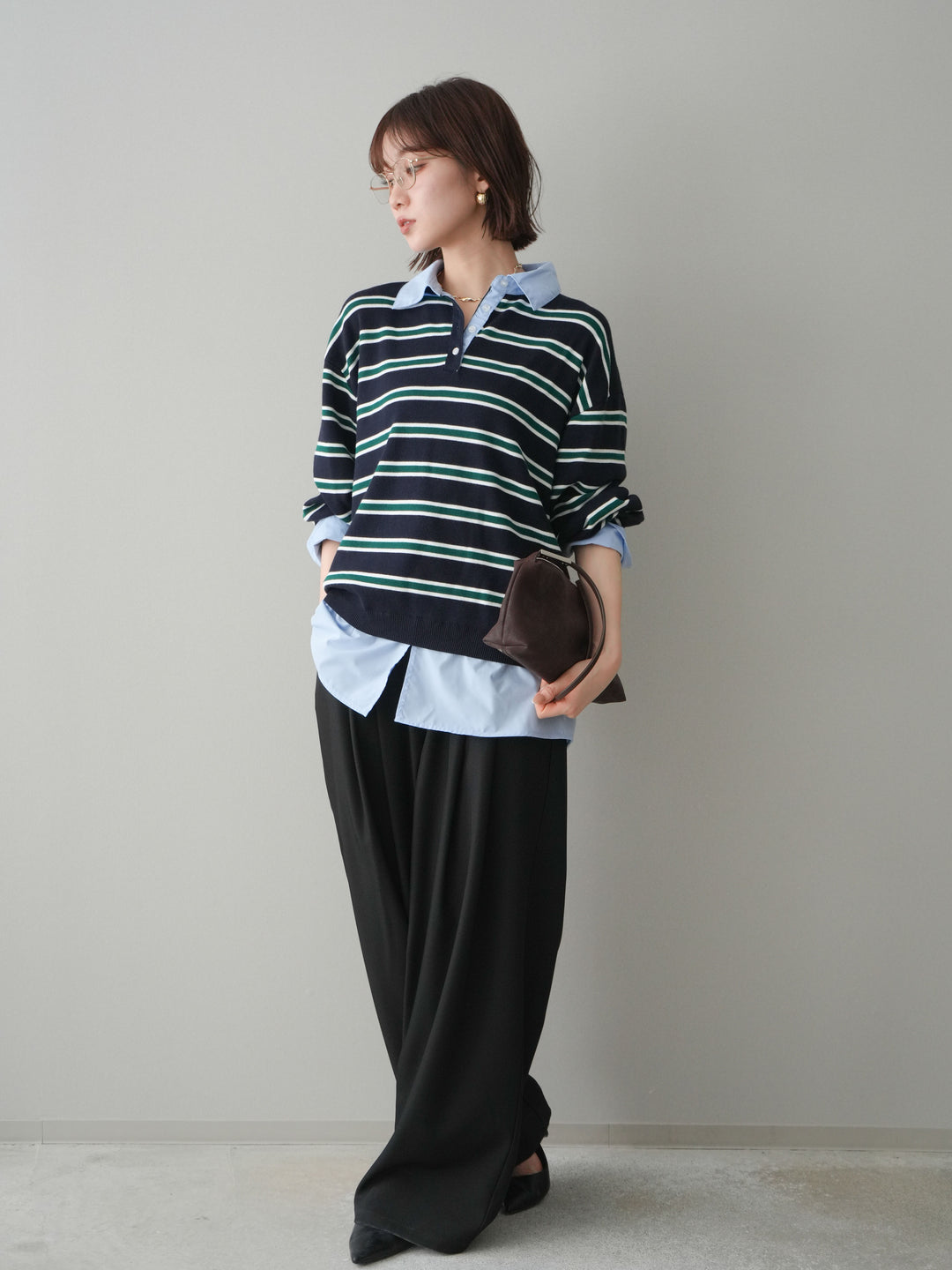 [予約]ウエストバイカラータックワイドパンツ/black