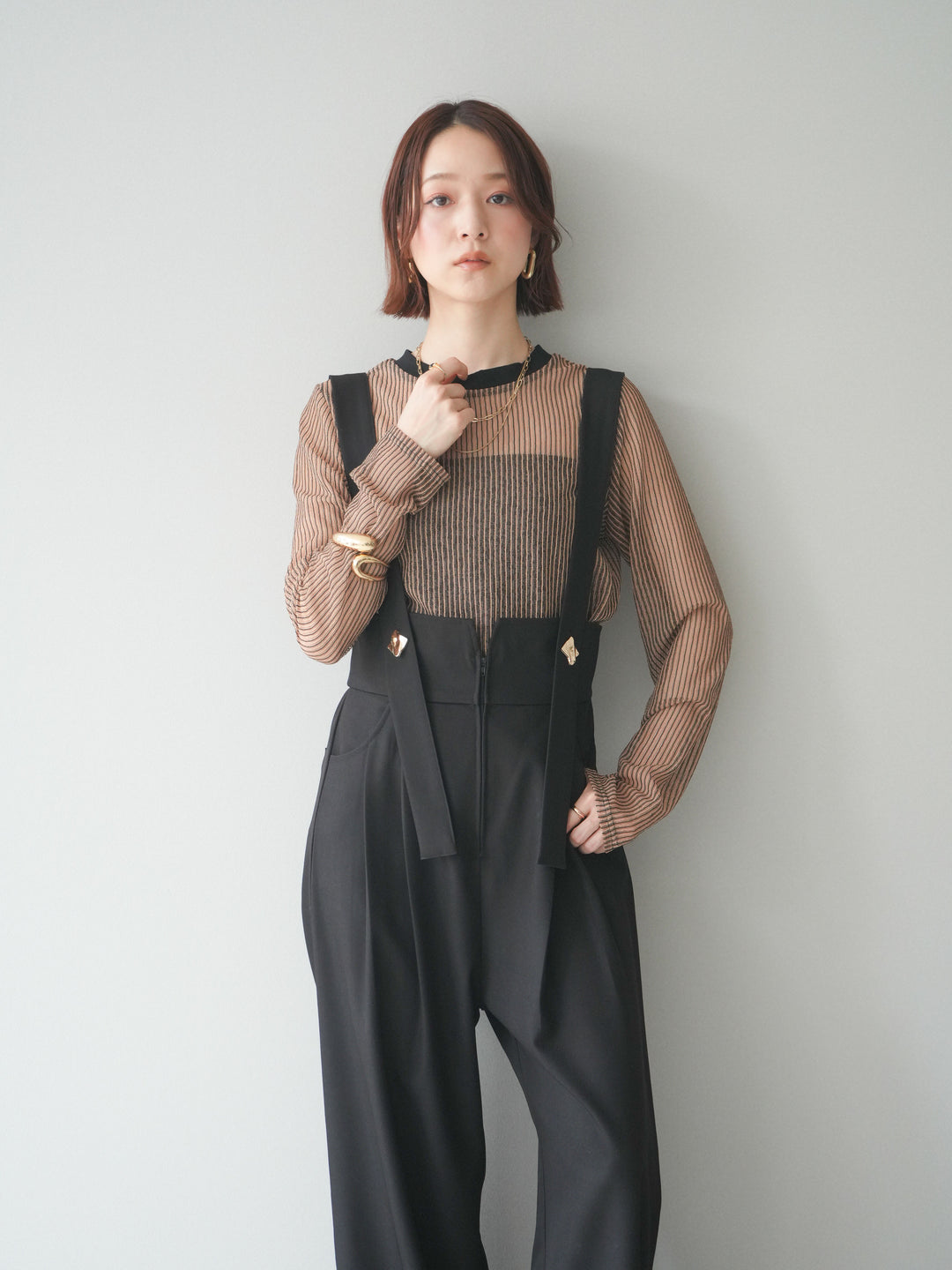 [予約]シアーストライプメッシュトップス/beige