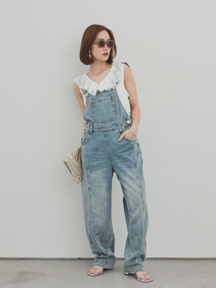 [SET]センターシームデニムサロペット +テープヤーンラッフルノースリトップス(2set)