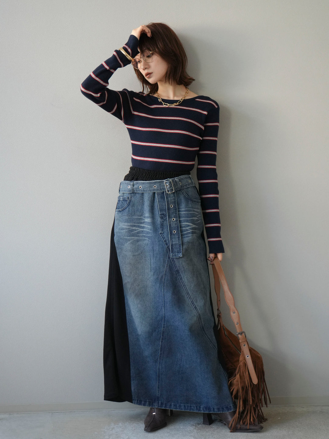 [予約]バックオープンボーダーテレコリブトップス/ネイビー