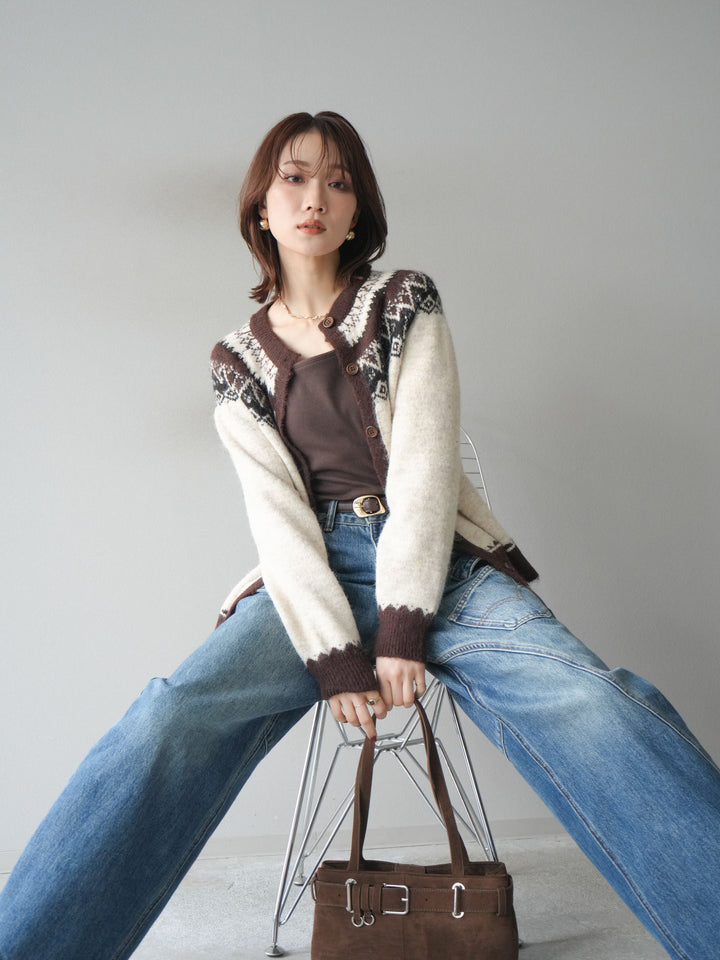[SET]ノルディック柄ニットカーディガン+ペインターカーブデニムパンツ(2set)