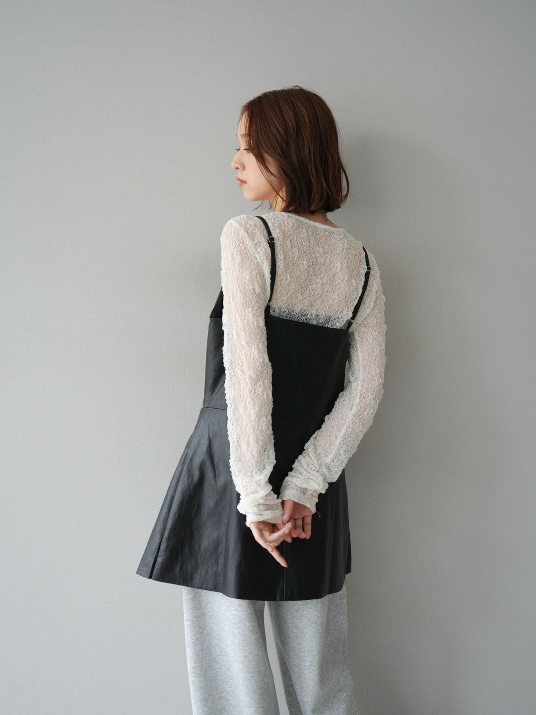 [予約]レイヤードレザーキャミソールチュニック/ブラック