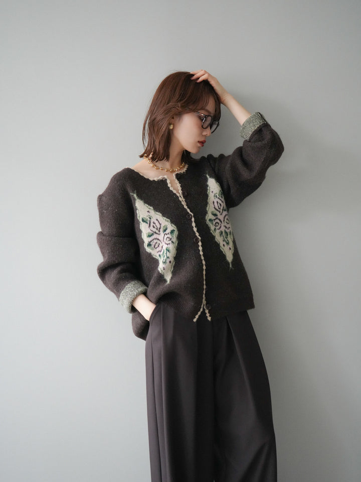 [予約]アンティークフラワージャガードニットカーディガン/brown
