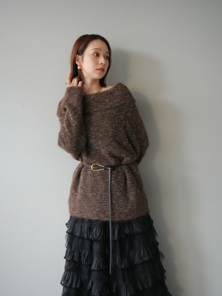 [予約]ミックスヤーンオフショルルーズニットプルオーバー/ブラウン