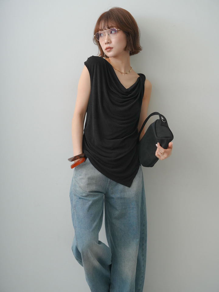 [予約]ツイストショルダーアシメドレープトップス/black