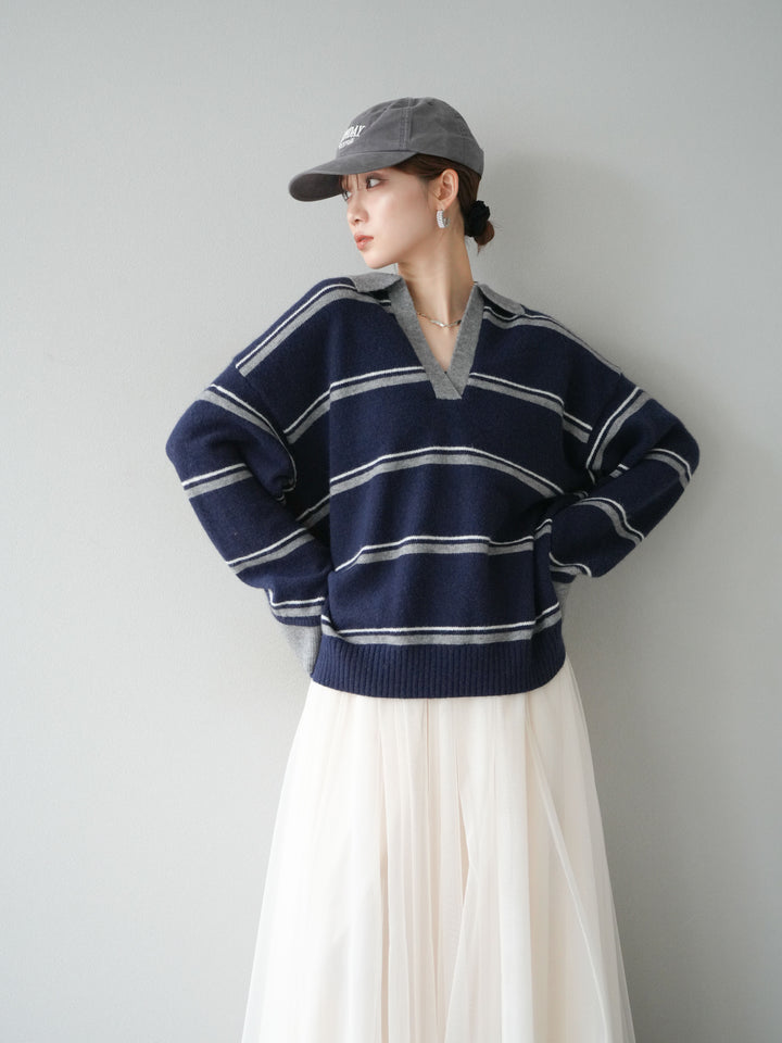 [SET]ポロ襟スキッパーボーダーニットプルオーバー+チュールボリュームスカート(2set)