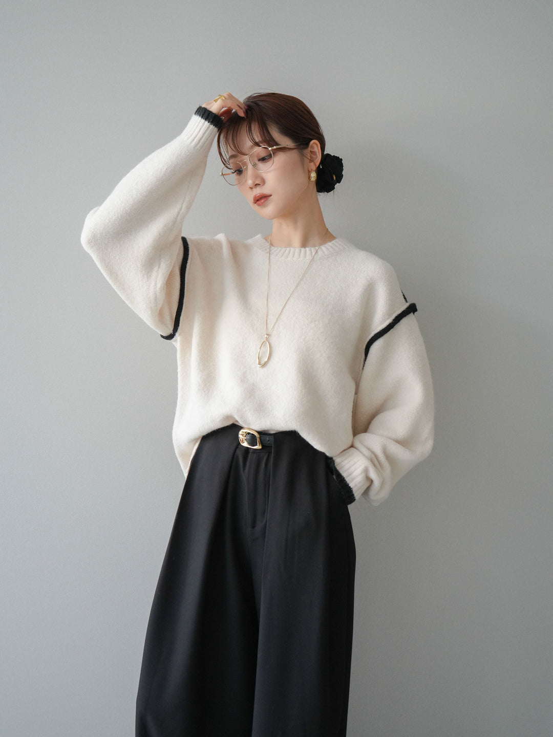 [予約]バイカラーパイピングニットプルオーバー/ivory