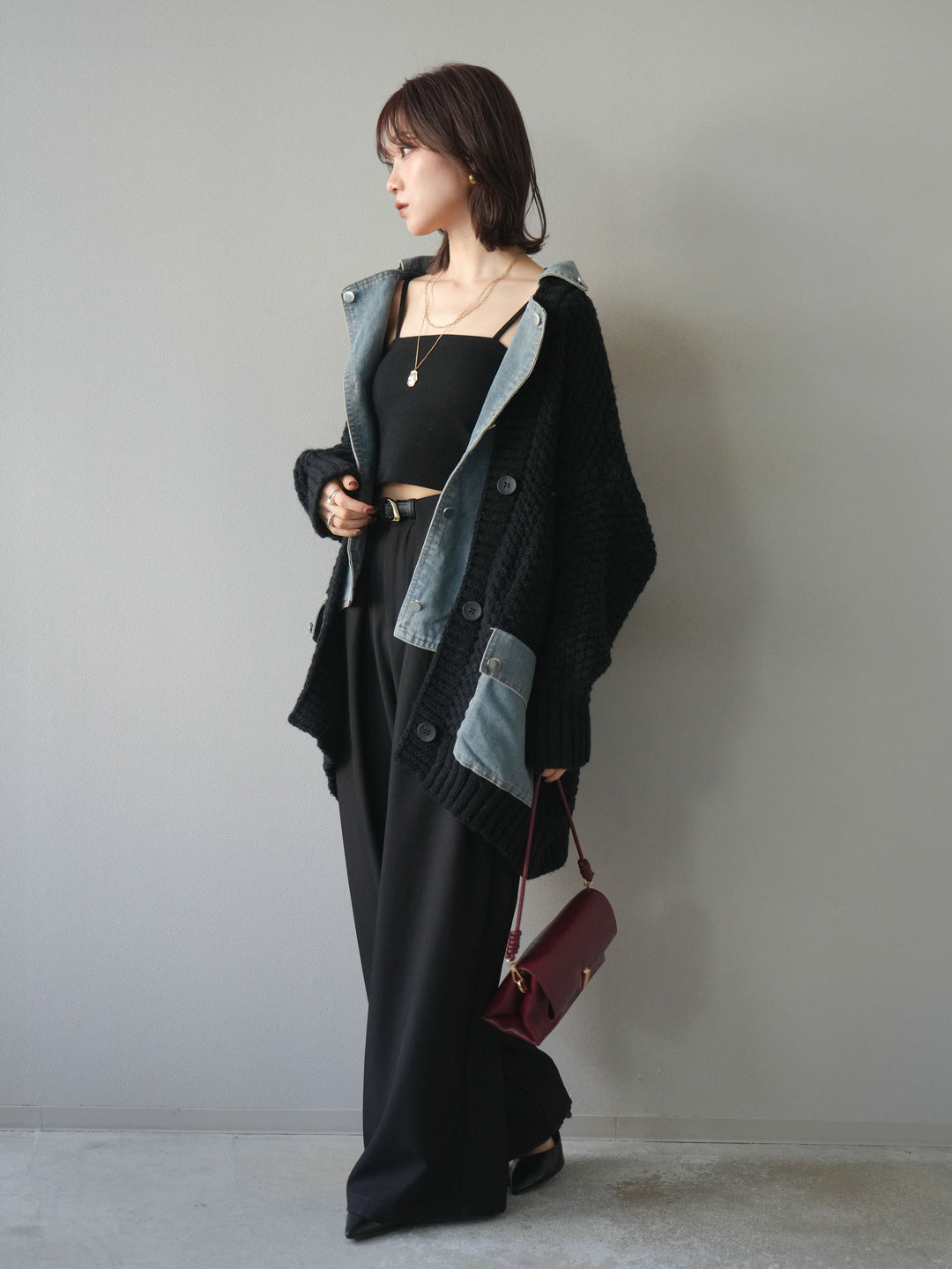 [SET]デニム襟レイヤードニットジャケット+ベルトループデザインワイドパンツ(2set)