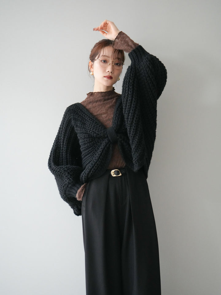 [SET]ローゲージ畦編みドルマンニットボレロ+起毛レースプチネックトップス+ベルトループデザインワイドパンツM(3set)