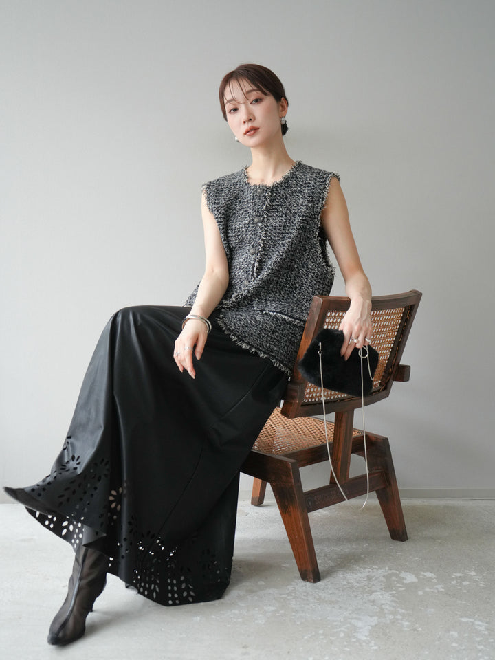 [予約]ミックスツイードフリンジニットベスト/ブラック