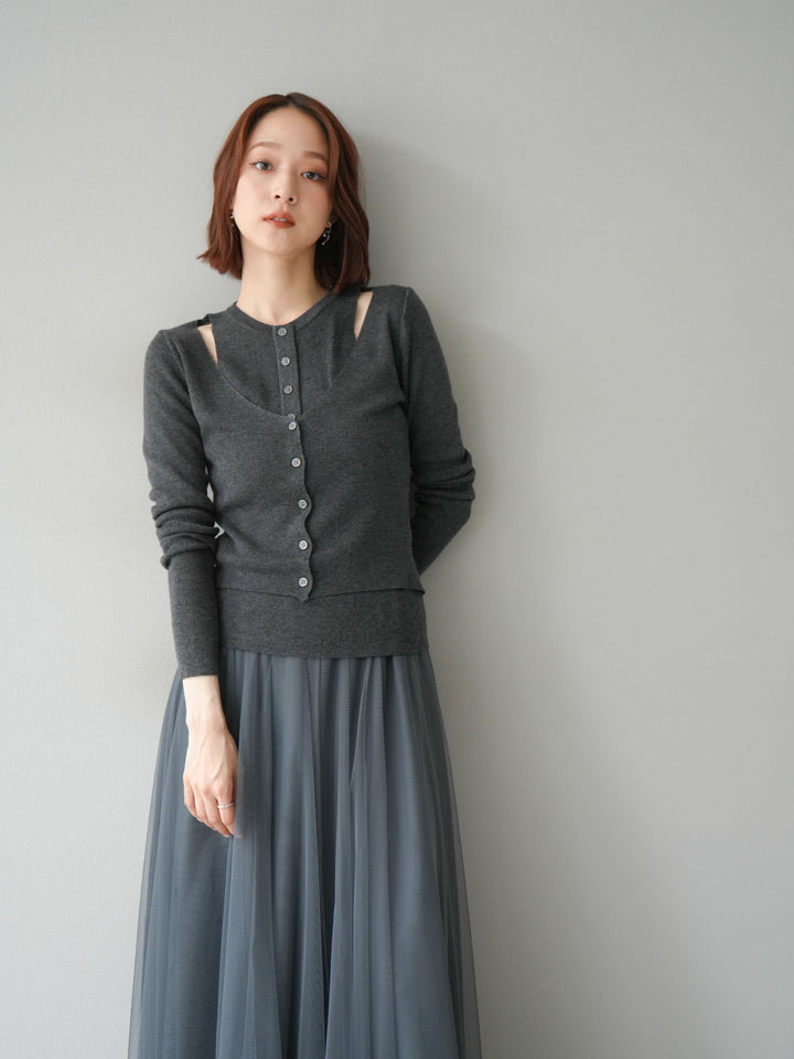 [予約]レイヤードデザインニットカーディガン/チャコール