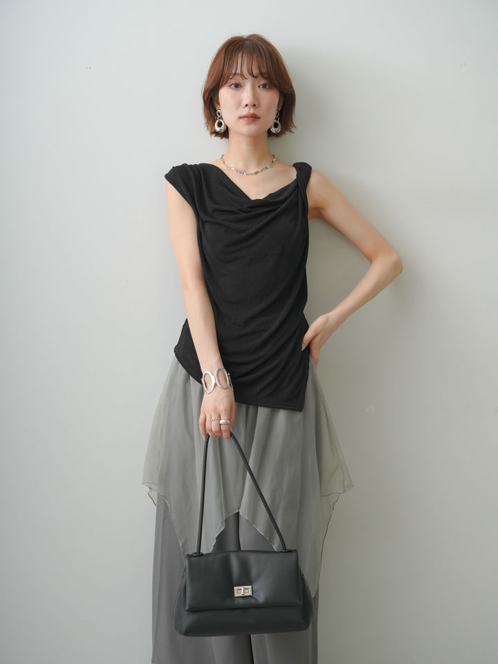 [予約]ツイストショルダーアシメドレープトップス/black