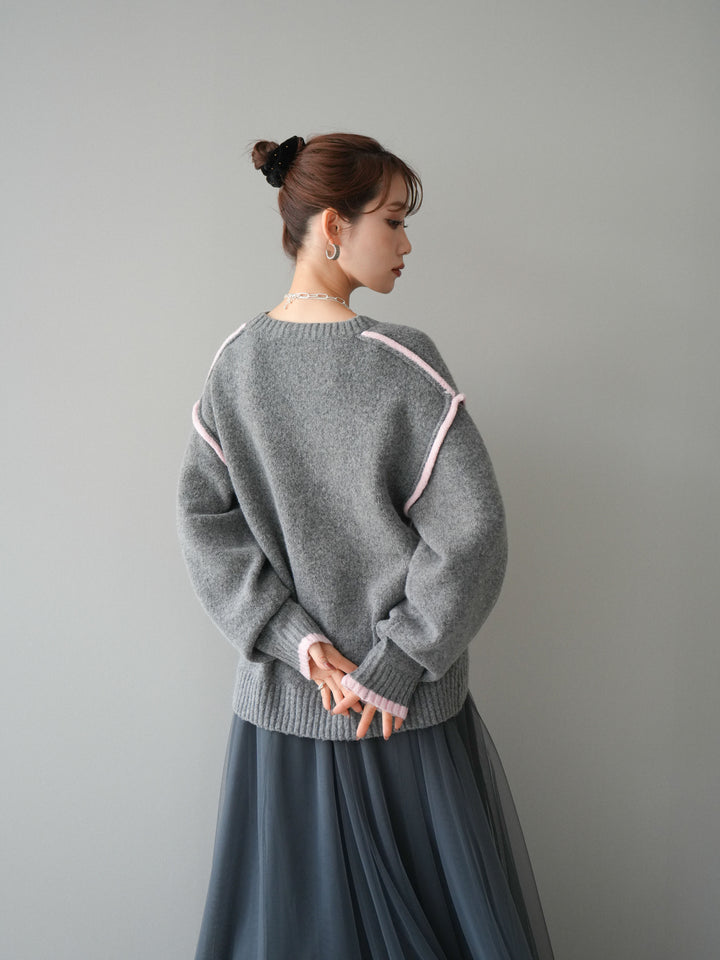 [予約]バイカラーパイピングニットプルオーバー/gray