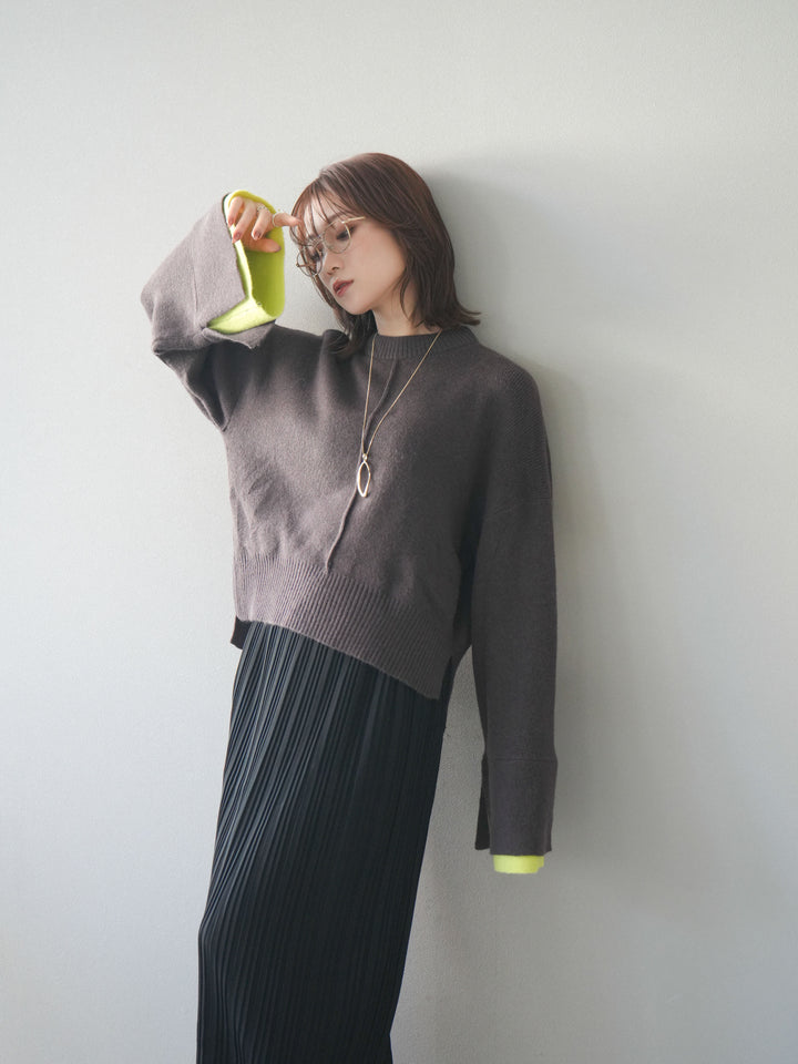 [SET]袖レイヤード配色ニットプルオーバー+プリーツIラインスカート(2set)