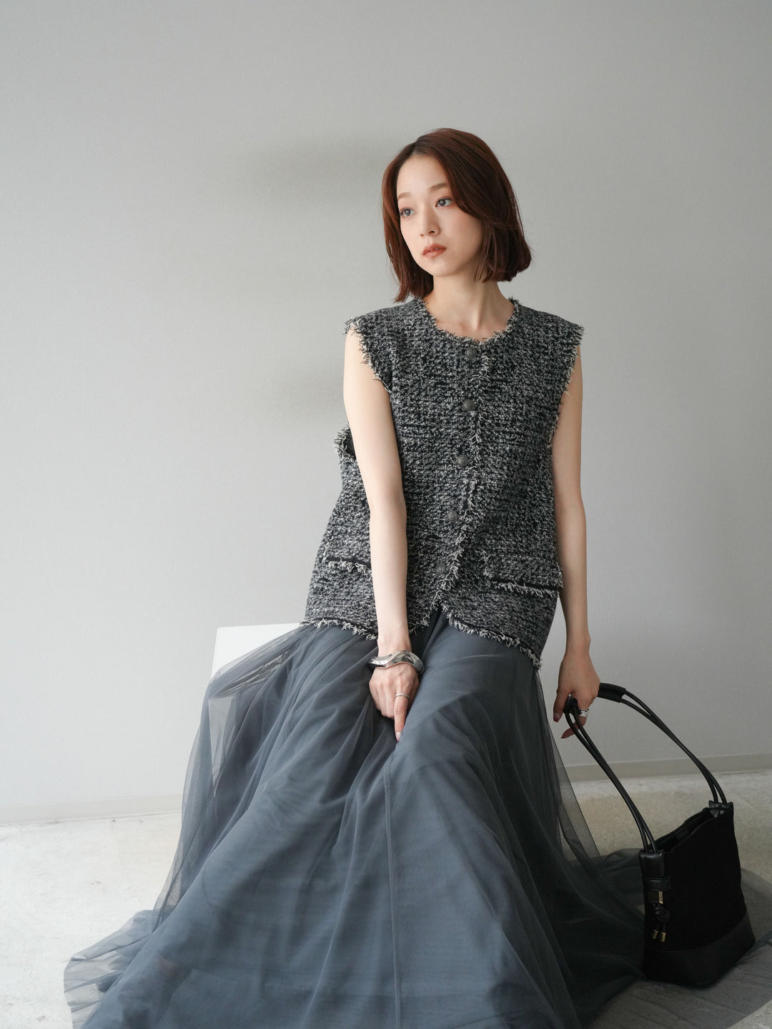 [予約]ミックスツイードフリンジニットベスト/ブラック