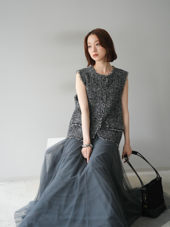 [予約]ミックスツイードフリンジニットベスト/ブラック